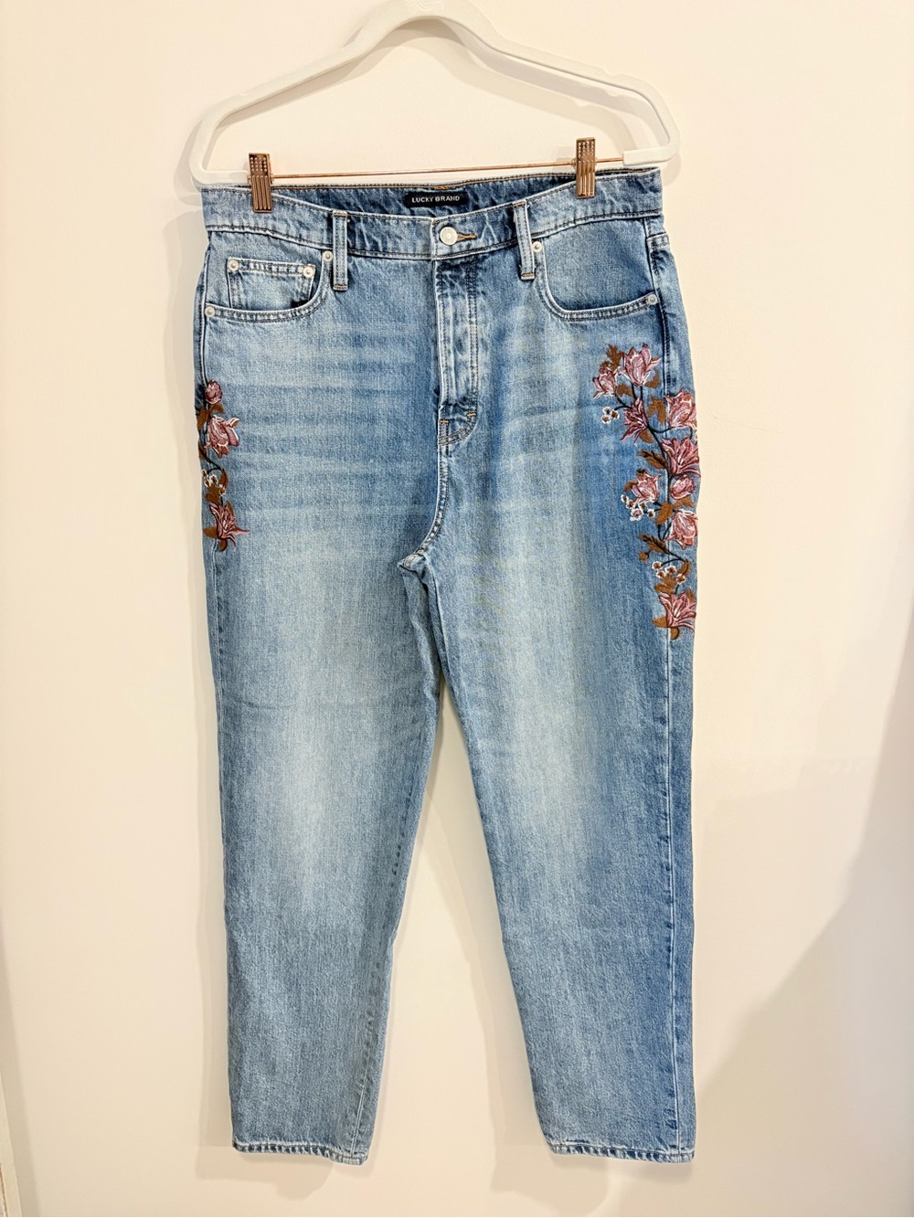 Lucky Brand high Rise Mom Jean with brown and burgundy embroidery